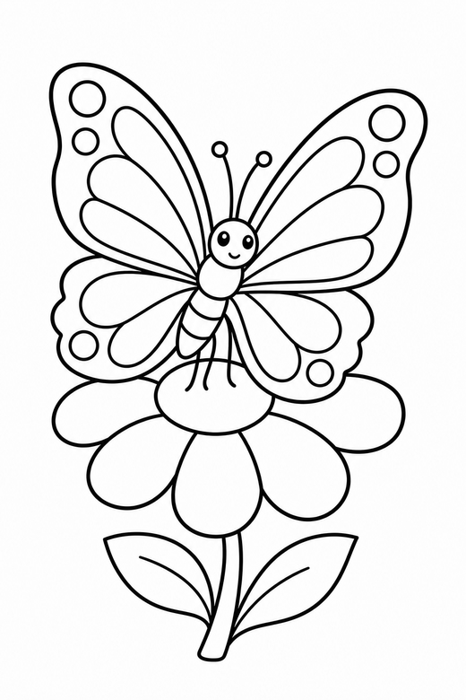 Butterfly on a flower: A butterfly resting on a single flower, free printable coloring page