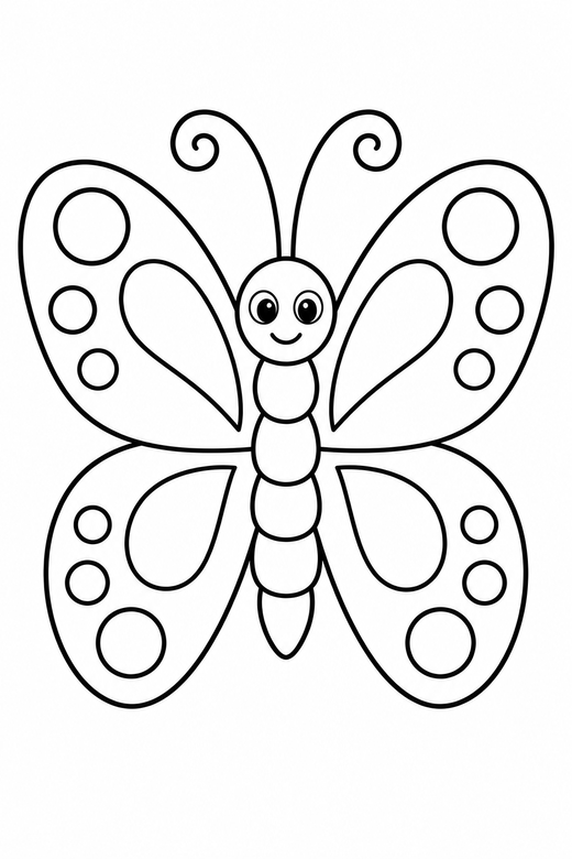 Butterfly with dotted wings: A butterfly with wings decorated in simple circles and teardrops, free printable coloring page