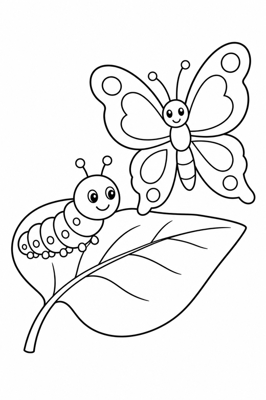 Caterpillar and butterfly: A caterpillar on a leaf beside a butterfly, showing the change, free printable coloring page