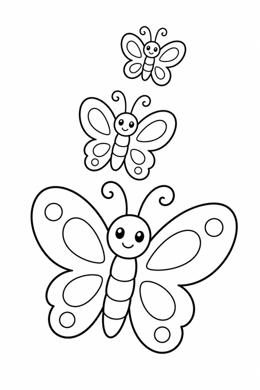 Three butterflies rising: Three small butterflies of different sizes flying upward, free printable coloring page