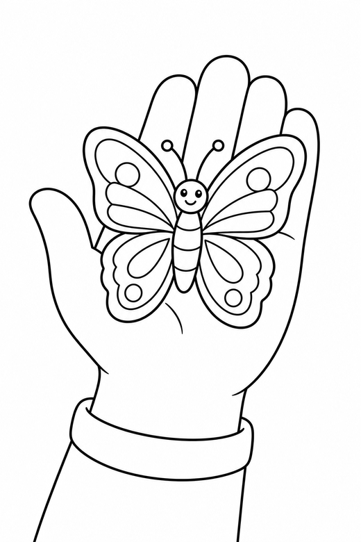 Butterfly on a hand: A butterfly on a child hand, simple outstretched palm, free printable coloring page