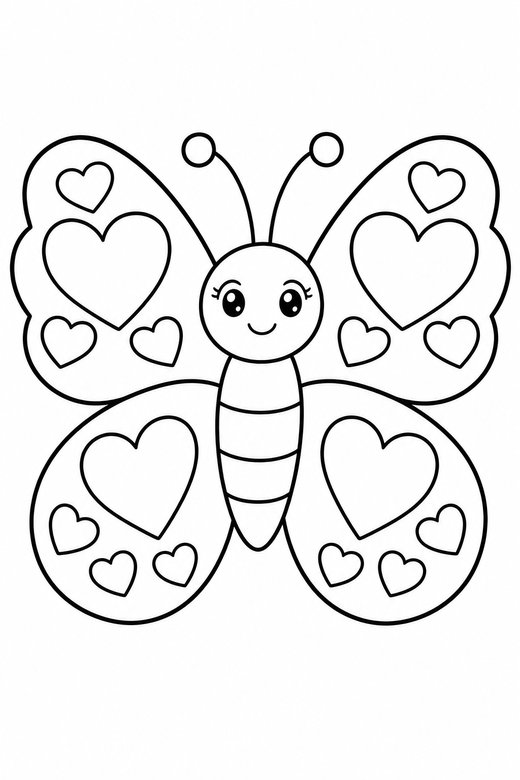 Butterfly with heart wings: A butterfly with heart shapes patterned on its wings, free printable coloring page