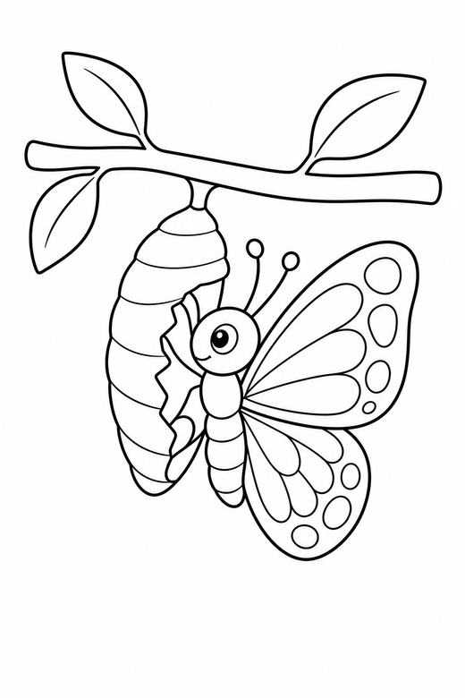 Butterfly leaving its chrysalis: A butterfly emerging from a chrysalis on a twig, free printable coloring page