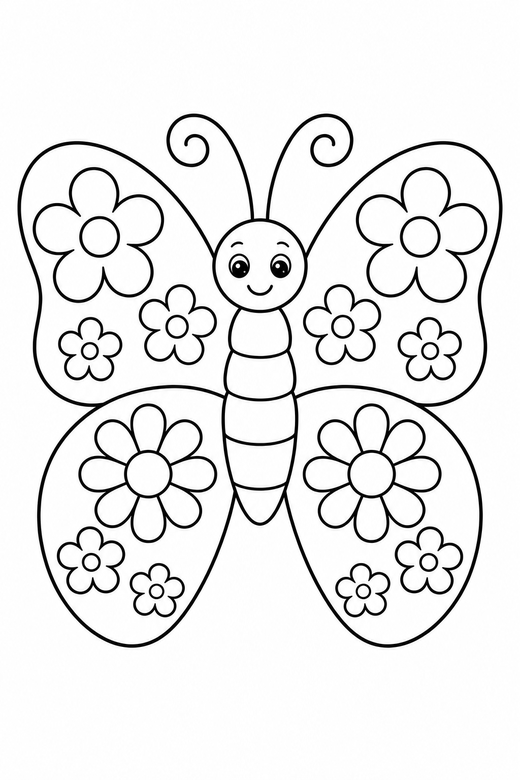 Butterfly with flower wings: A butterfly with flower shapes filling each wing, free printable coloring page