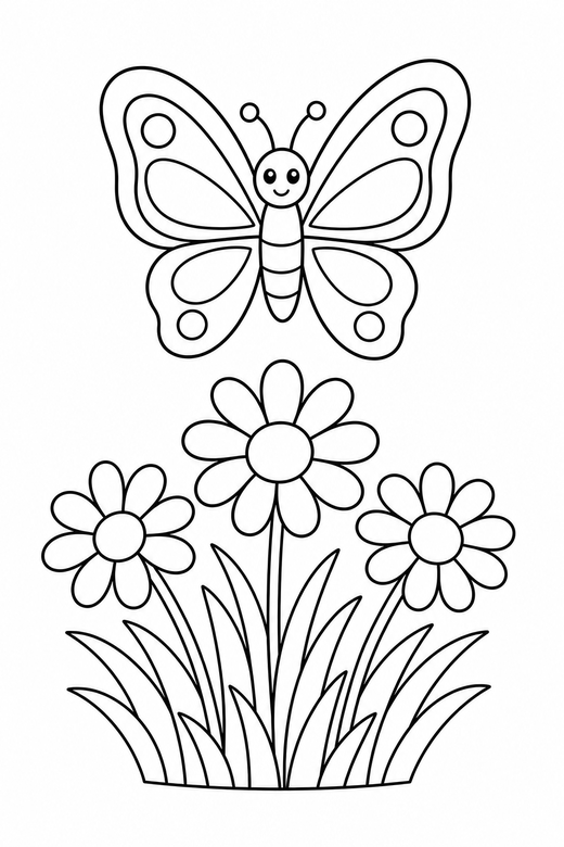 Butterfly over daisies: A butterfly above a small cluster of grass and daisies, free printable coloring page