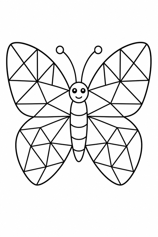 Geometric butterfly: A butterfly with geometric triangles patterning the wings, free printable coloring page