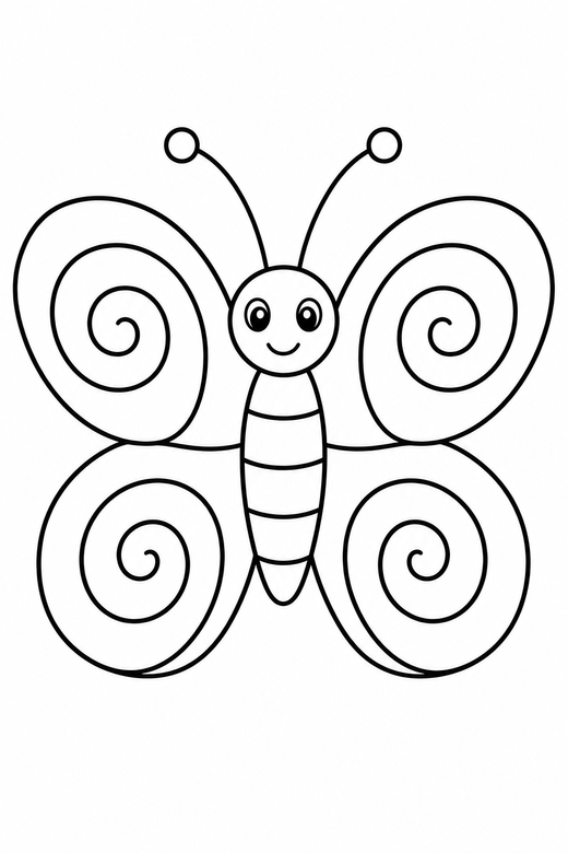 Butterfly with spiral wings: A butterfly with a spiral pattern on each wing, free printable coloring page