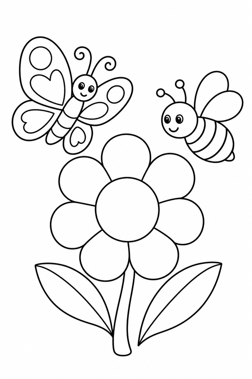 Butterfly and bee: A butterfly and a bee near the same flower, free printable coloring page