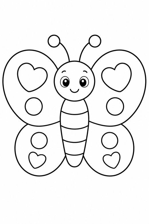 Round-winged cute butterfly: A butterfly with very rounded wing shapes, cute style, free printable coloring page