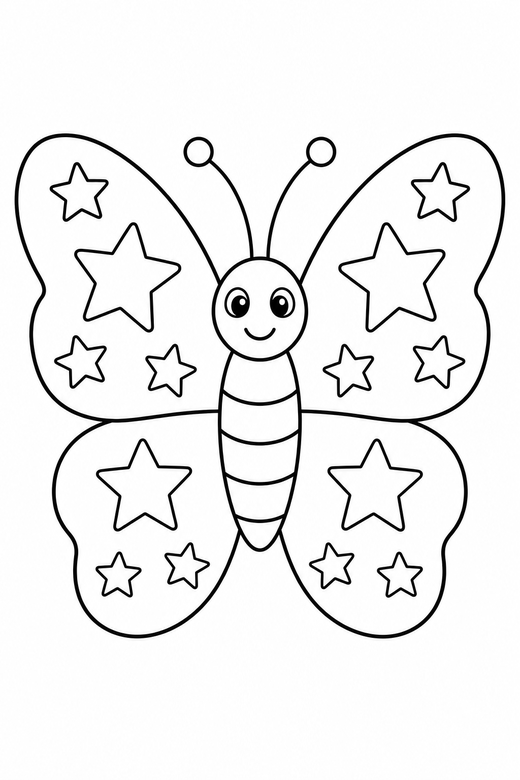 Butterfly with star wings: A butterfly with star shapes across the wings, free printable coloring page