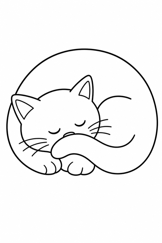 Cat curled up asleep: A cat curled up asleep in a circle, tail over its nose, free printable coloring page