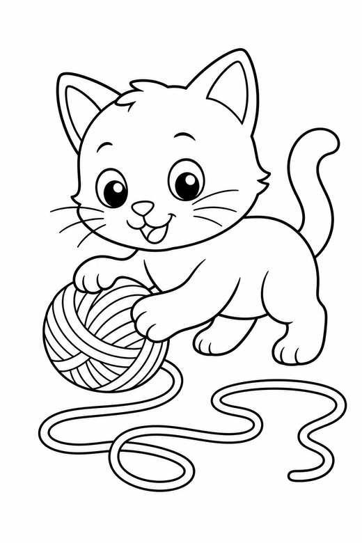 Kitten with a ball of yarn: A kitten playing with a ball of yarn that trails across the floor, free printable coloring page