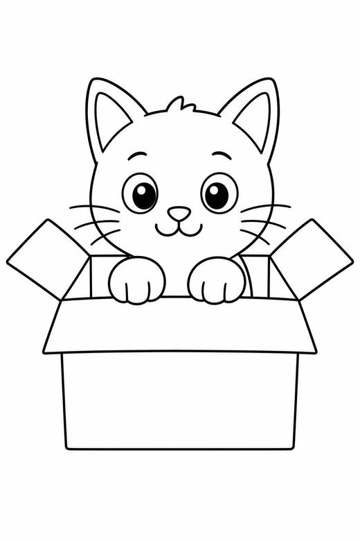 Cat in a cardboard box: A cat sitting inside an open cardboard box, only its head and paws showing, free printable coloring page