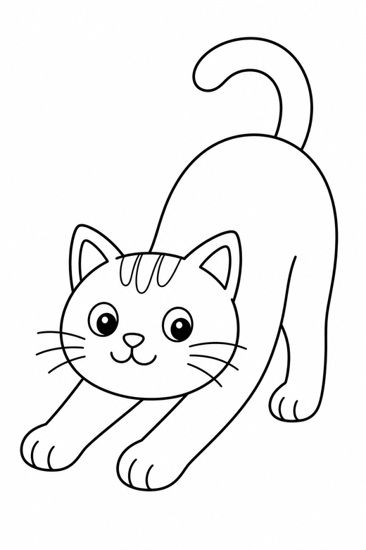 Cat stretching: A cat stretching with its front paws forward and back arched, free printable coloring page