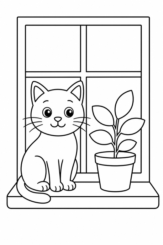Cat on a windowsill: A cat sitting on a windowsill with a simple potted plant beside it, free printable coloring page