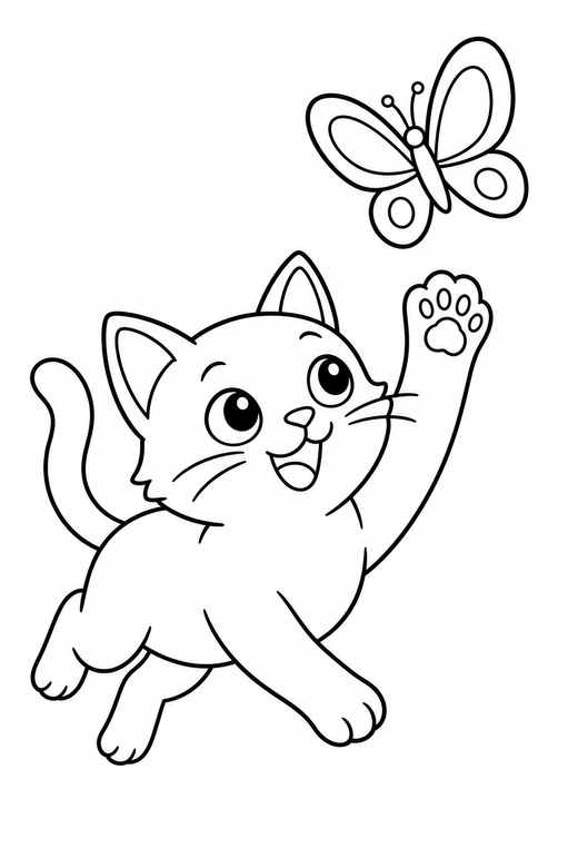Cat chasing a butterfly: A cat chasing a butterfly, one paw raised in the air, free printable coloring page