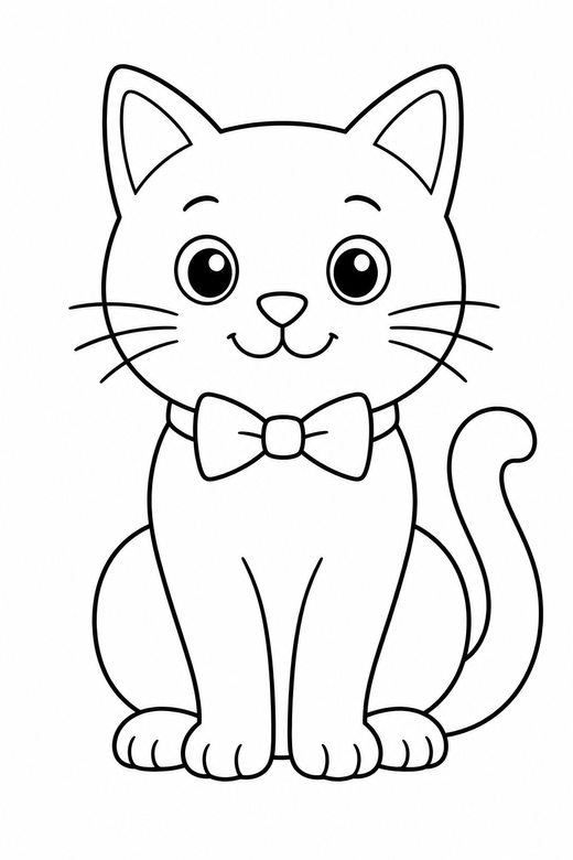 Cat in a bow tie: A cat wearing a simple bow tie, sitting politely, free printable coloring page