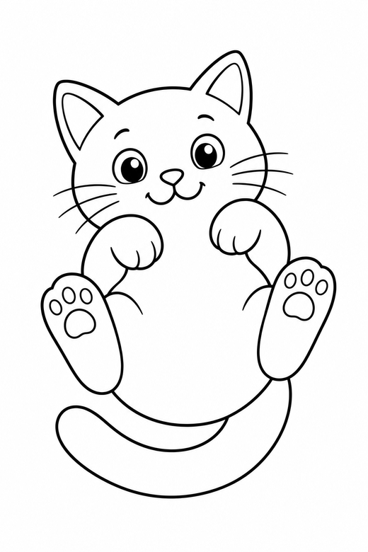 Cat lying on its back: A cat lying on its back with paws in the air, free printable coloring page