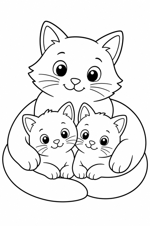Mother cat and kittens: A mother cat with two small kittens nestled against her, free printable coloring page