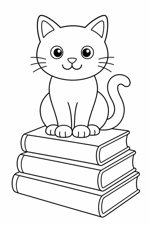 Cat on a stack of books: A cat perched on a stack of three books, free printable coloring page