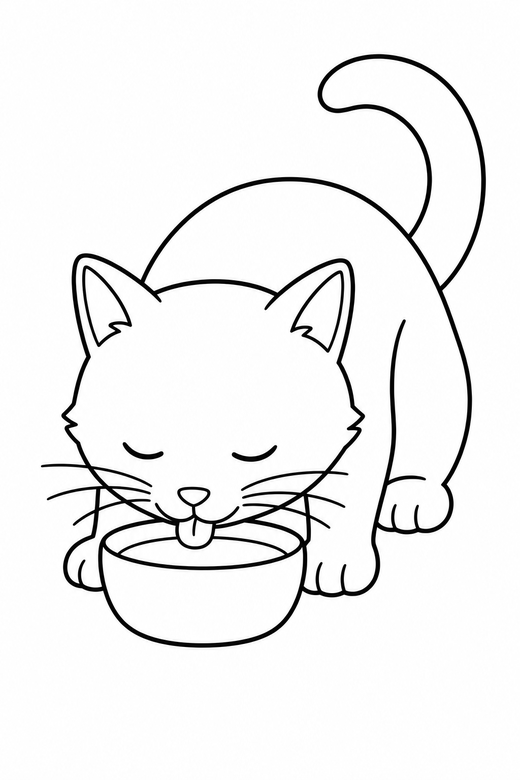 Cat at its food bowl: A cat drinking from a small bowl, head lowered, free printable coloring page