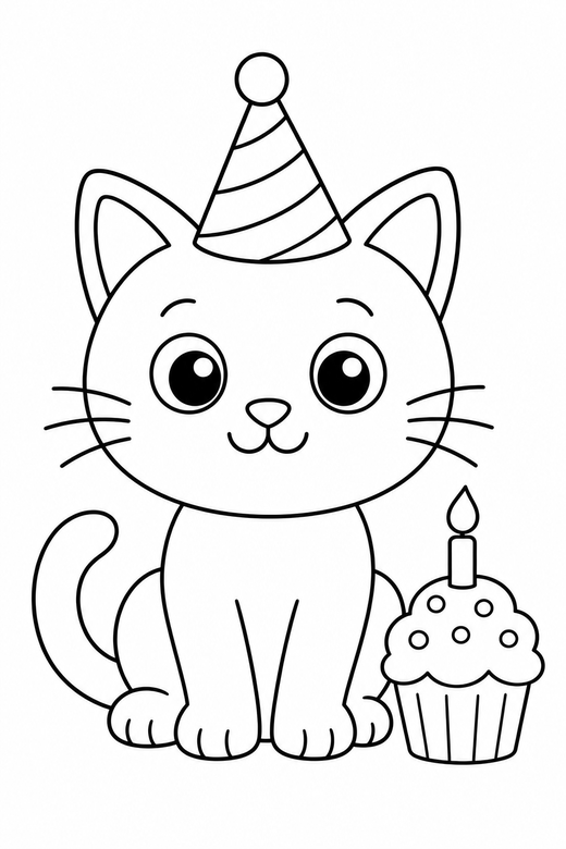 Party cat with a cupcake: A cat with a party hat beside a small cupcake, free printable coloring page