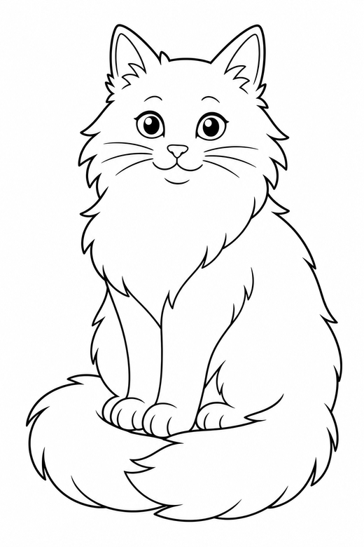 Long-haired cat: A long-haired cat sitting with a very fluffy tail curled around its feet, free printable coloring page