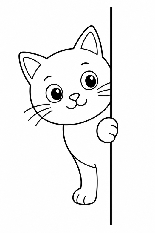 Cat peeking round a corner: A cat peeking around the corner of a wall, only half its body visible, free printable coloring page