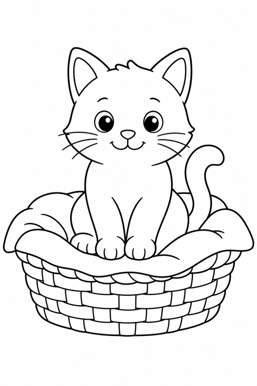 Cat in a basket: A cat sitting in a basket lined with a simple blanket, free printable coloring page