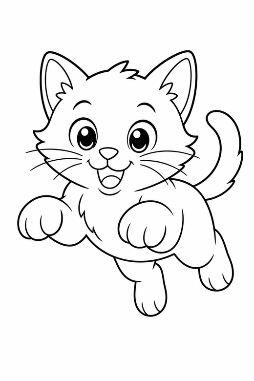 Kitten mid-pounce: A playful kitten pouncing forward with both front paws off the ground, free printable coloring page