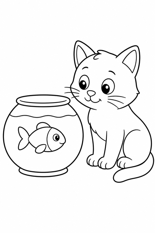Cat watching a fishbowl: A cat sitting beside a fishbowl looking at a single fish, free printable coloring page