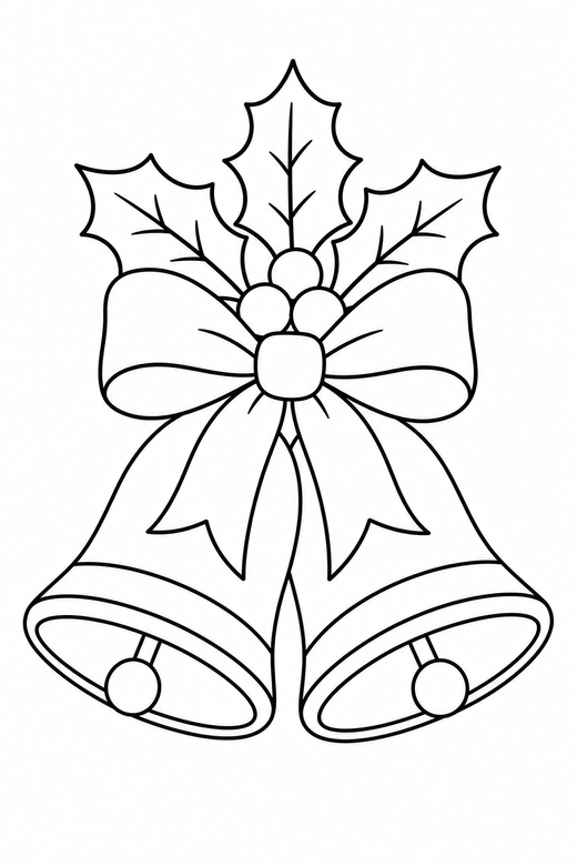 Christmas bells: Two bells tied together with ribbon and a sprig of holly, free printable coloring page