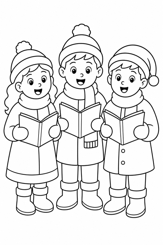Carol singers: Three carol singers standing together holding songbooks, free printable coloring page