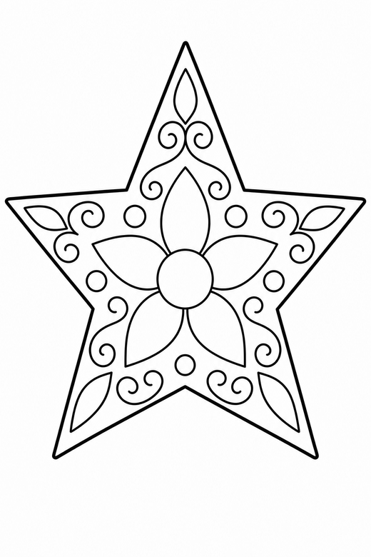 Star tree topper: A five-pointed star with decorative patterning inside, free printable coloring page