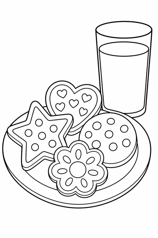 Christmas cookies plate: A plate of decorated cookies beside a glass of milk, free printable coloring page