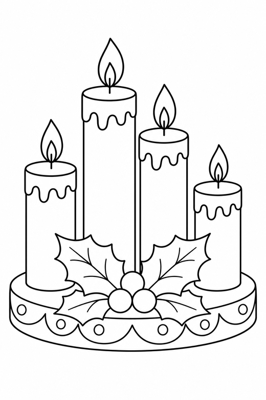 Advent candles: Four candles of different heights on a decorated base, free printable coloring page