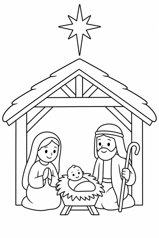 Nativity scene: A simple stable with a manger, two figures and a star above, free printable coloring page