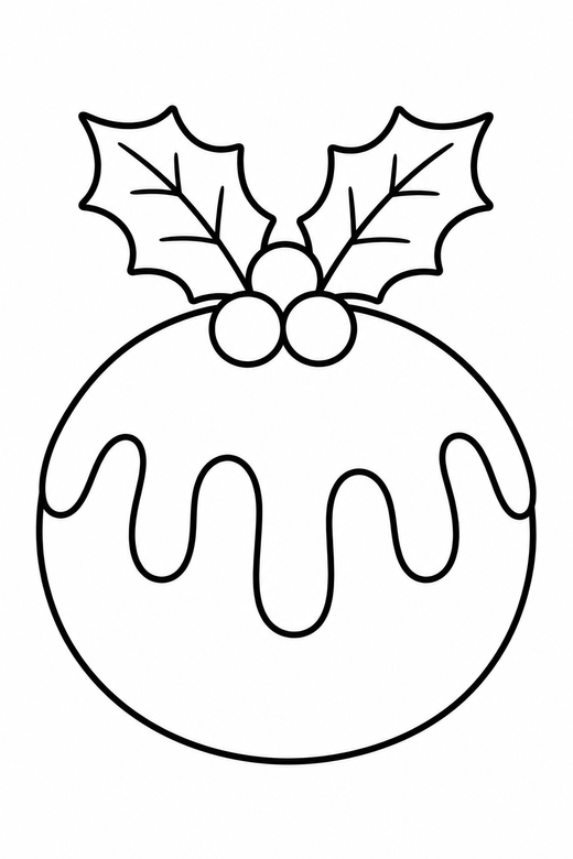 Christmas pudding: A round pudding with icing dripping down and a holly sprig on top, free printable coloring page