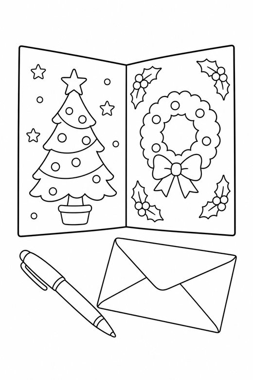 Christmas card and pen: An open Christmas card with a pen and envelope beside it, free printable coloring page