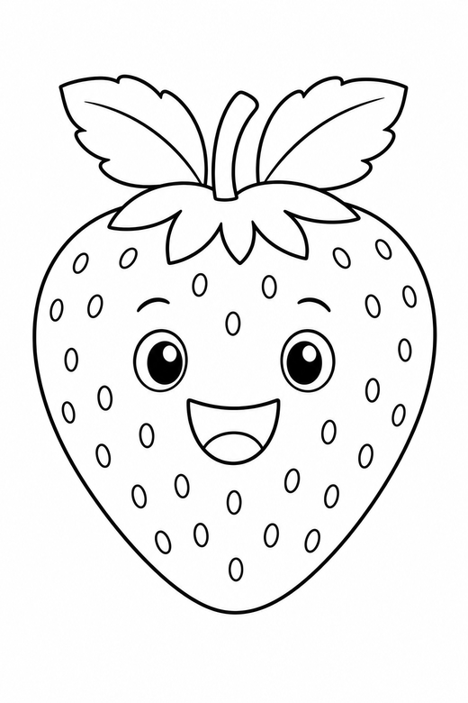 Smiling strawberry: A plump strawberry with a happy face and two leaves on top, free printable coloring page