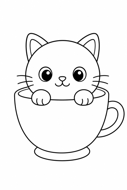 Cat in a teacup: A tiny round cat sitting inside a teacup, only head and paws showing, free printable coloring page