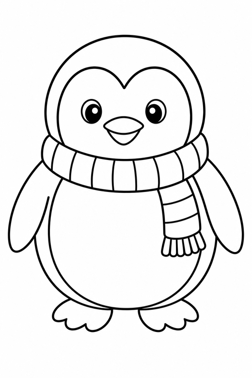 Penguin with a scarf: A round penguin wearing a striped scarf, standing, free printable coloring page