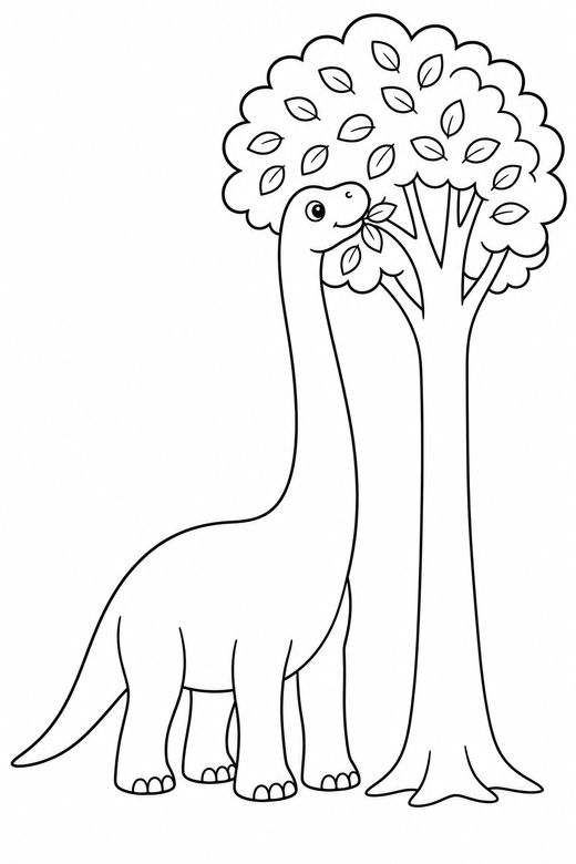Brontosaurus reaching for leaves: A long-necked brontosaurus reaching up to eat leaves from a tall tree, free printable coloring page