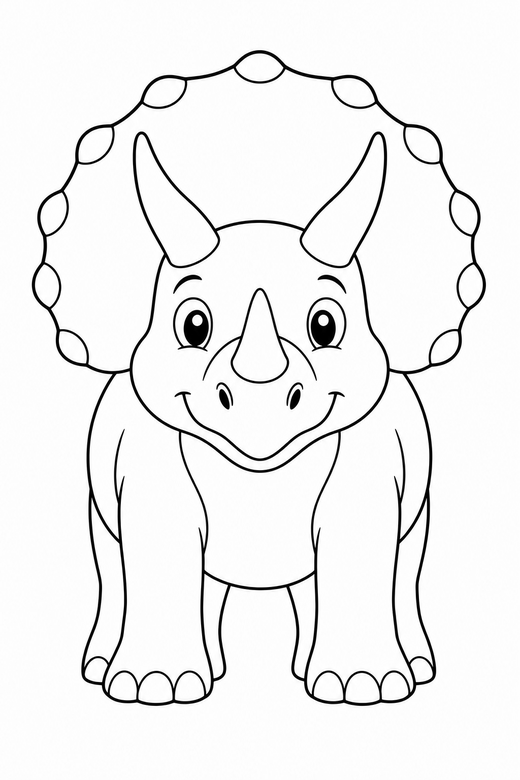 Triceratops facing forward: A triceratops standing forward showing all three horns and frill, free printable coloring page