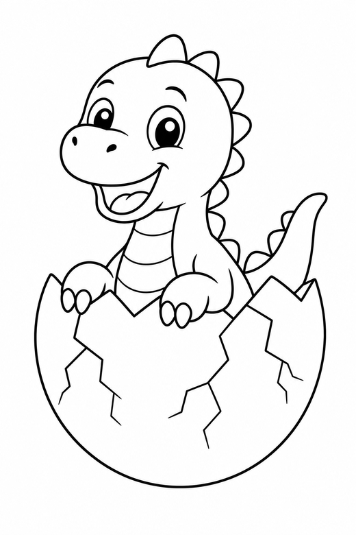 Dinosaur hatching from an egg: A baby dinosaur hatching out of a cracked egg, free printable coloring page