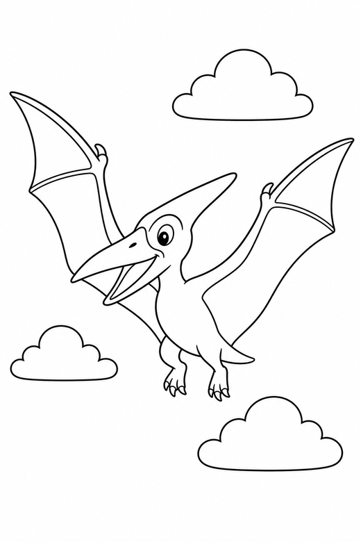 Pterodactyl in flight: A pterodactyl flying with wings spread wide against simple clouds, free printable coloring page