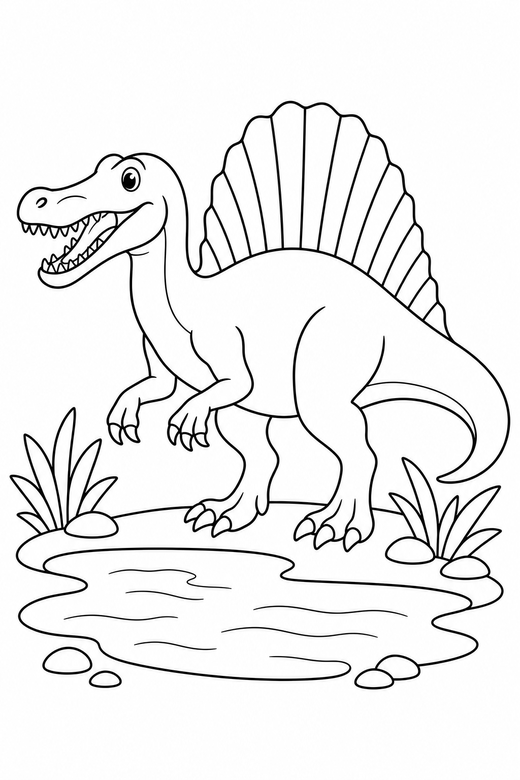 Spinosaurus with a sail: A spinosaurus with a tall sail on its back standing by simple water, free printable coloring page