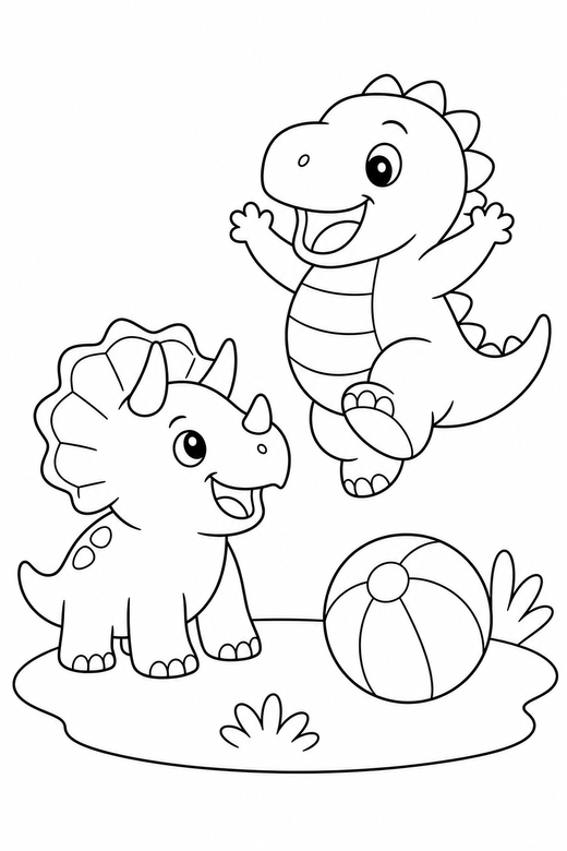Two dinosaurs playing: Two small dinosaurs playing together, one jumping, free printable coloring page
