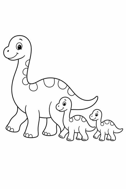 Dinosaur family walking: A dinosaur family: one large and two small dinosaurs walking in a line, free printable coloring page