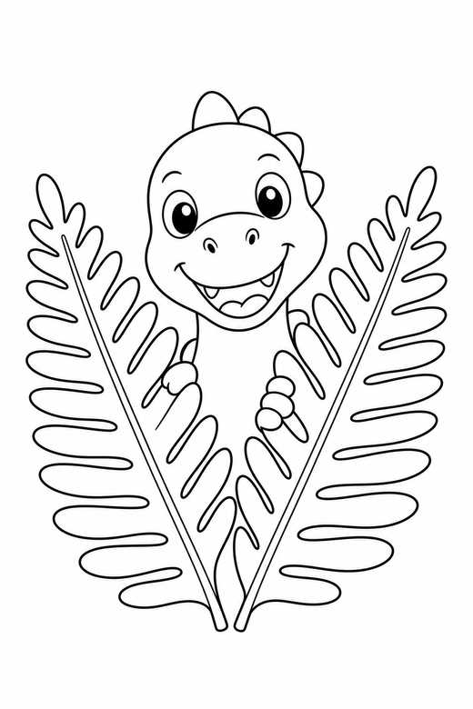 Dinosaur behind the ferns: A dinosaur peeking out from behind two large fern leaves, free printable coloring page
